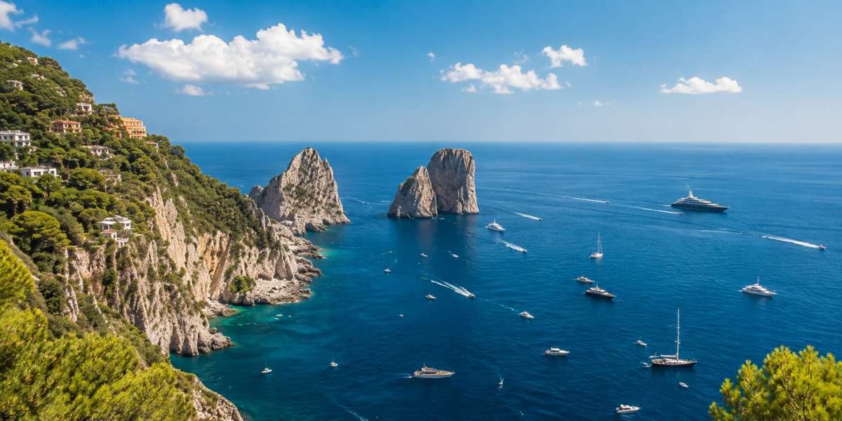 Vista panoramica della costa di Capri con i Faraglioni e le barche nel Golfo di Napoli